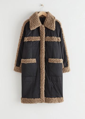 Other Stories Oversized Faux Shearling Puffer Coat - Black