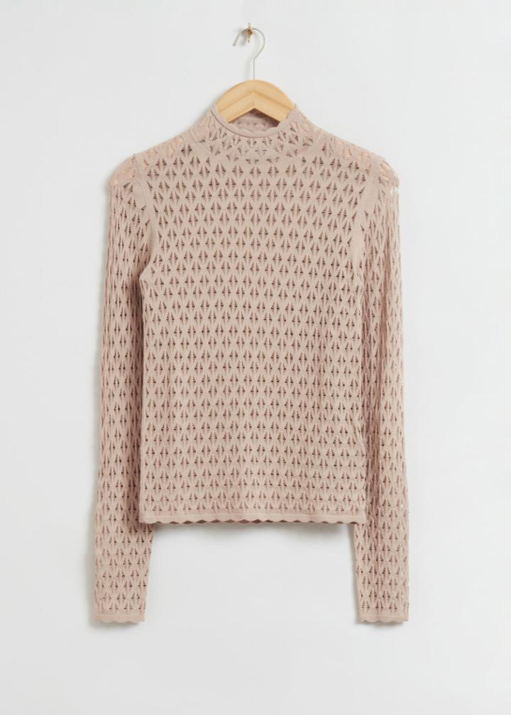 Other Stories Fitted Pointelle-knit Scalloped Edge Top - Beige