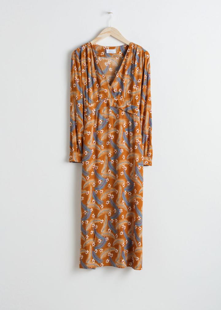 Other Stories Plunging Ruched Midi Dress - Orange