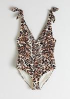 Other Stories Plunging Leopard Bow Tie Swimsuit - White