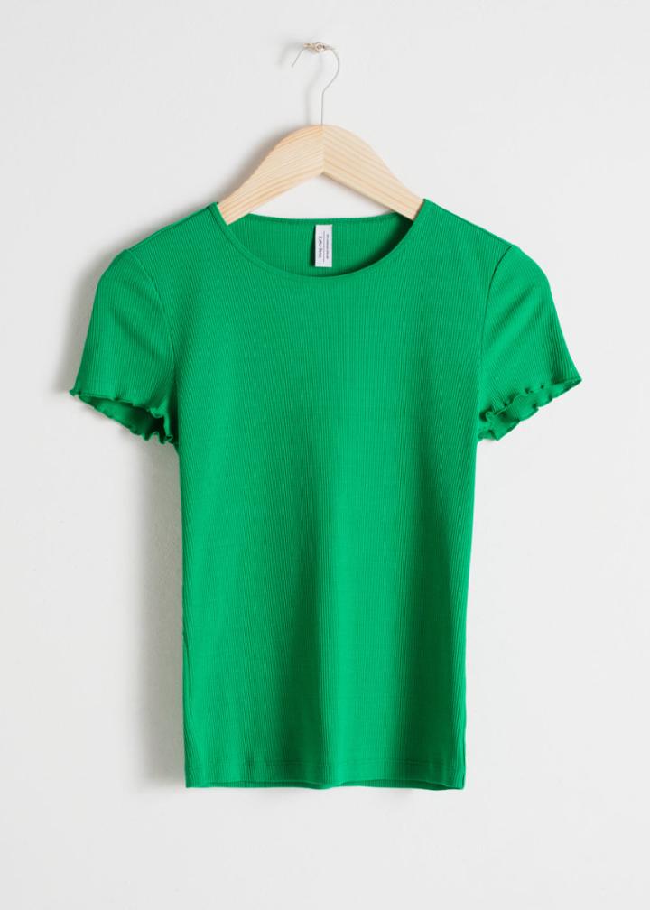 Other Stories Ribbed Cotton Ruffle Tee - Green