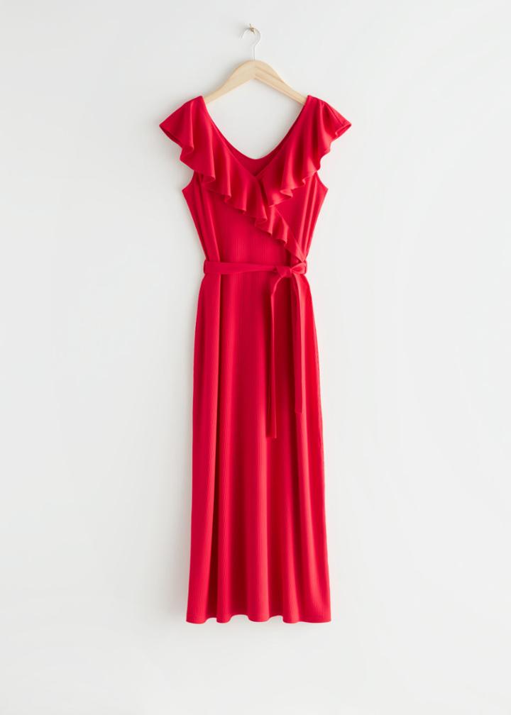 Other Stories Sleeveless Ruffle Neck Midi Dress - Red