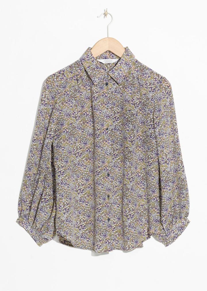Other Stories Micro Floral Silk Button Down - Grey