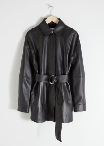 Other Stories Oversized Belted Leather Jacket - Black