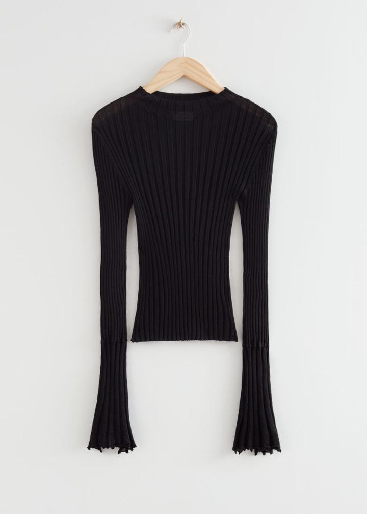 Other Stories Ribbed Fluted Cuff Top - Black