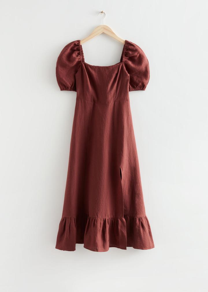 Other Stories Linen Puff Sleeve Midi Dress - Beige