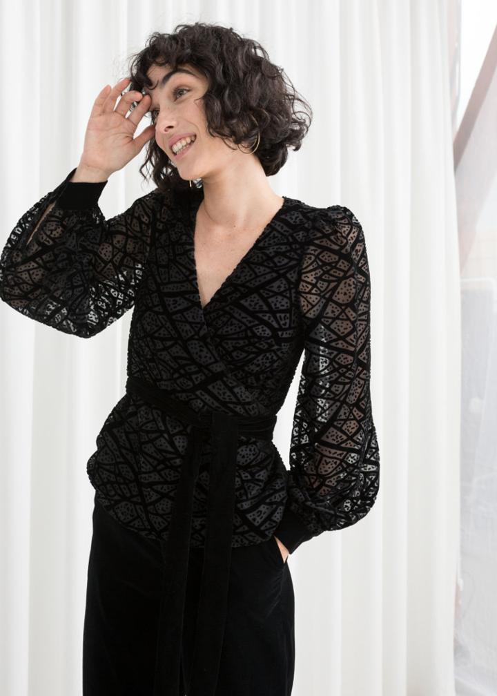 Other Stories Velvet Mesh Wrap Top - Black