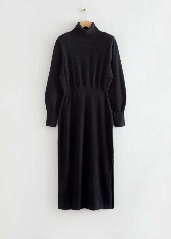 Other Stories Fitted Padded Shoulder Wool Dress - Black