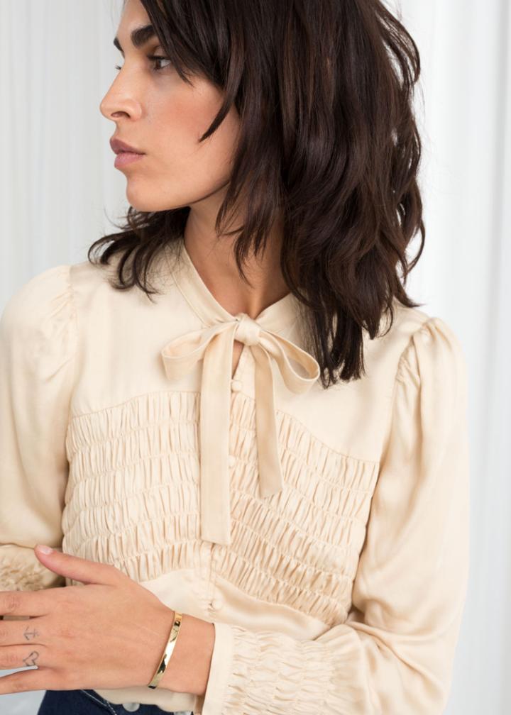 Other Stories Smocked Pussy Bow Blouse - Orange