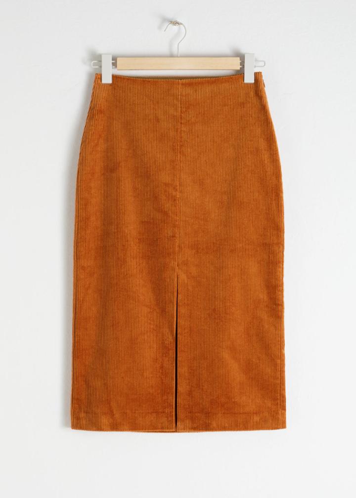Other Stories Front Slit Corduroy Midi Skirt - Orange