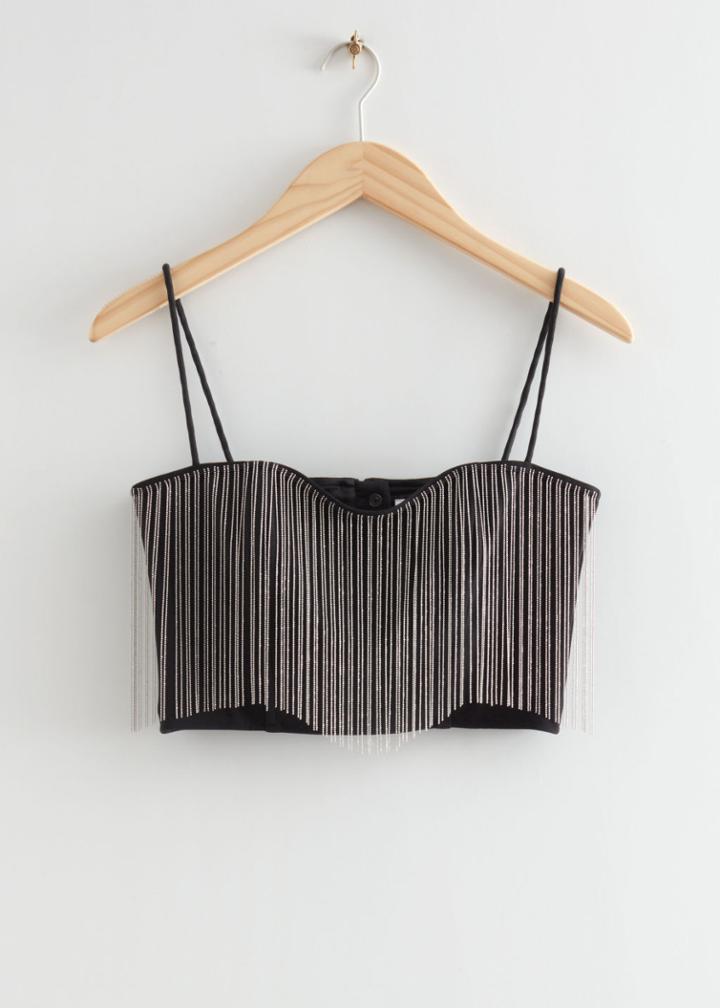 Other Stories Fitted Rhinestone Fringed Crop Top - Black