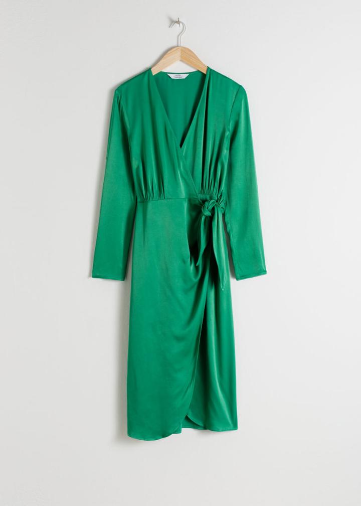 Other Stories Side Tie Satin Midi Dress - Green