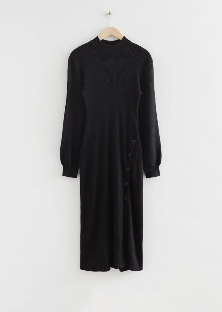 Other Stories Buttoned Rib Knit Dress - Black