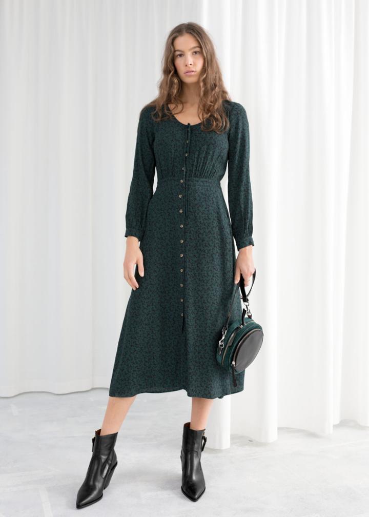 Other Stories Printed Button Up Midi Dress - Green