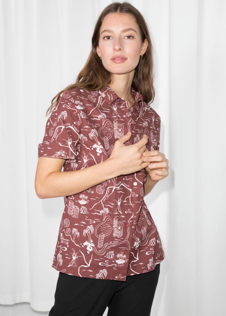Other Stories Tropical Map Print Button Up - Orange