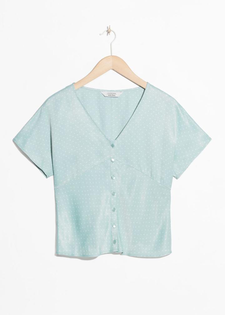 Other Stories Micro Dot Button Down Blouse - Turquoise