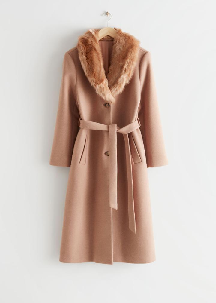 Other Stories Faux Fur Collar Coat - Beige