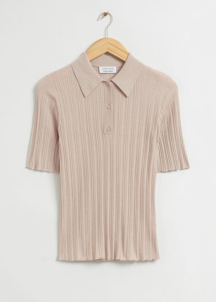 Other Stories Fitted Wool Ribbed Polo Top - Beige