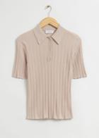 Other Stories Fitted Wool Ribbed Polo Top - Beige