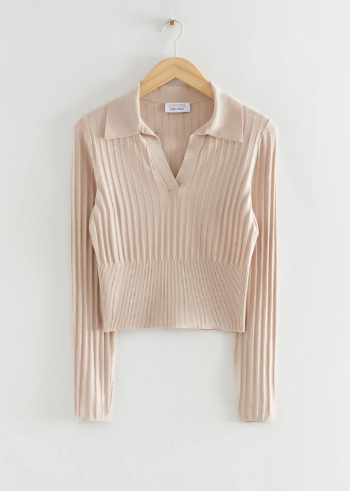 Other Stories Slim Collared Rib Knit Top - Rust