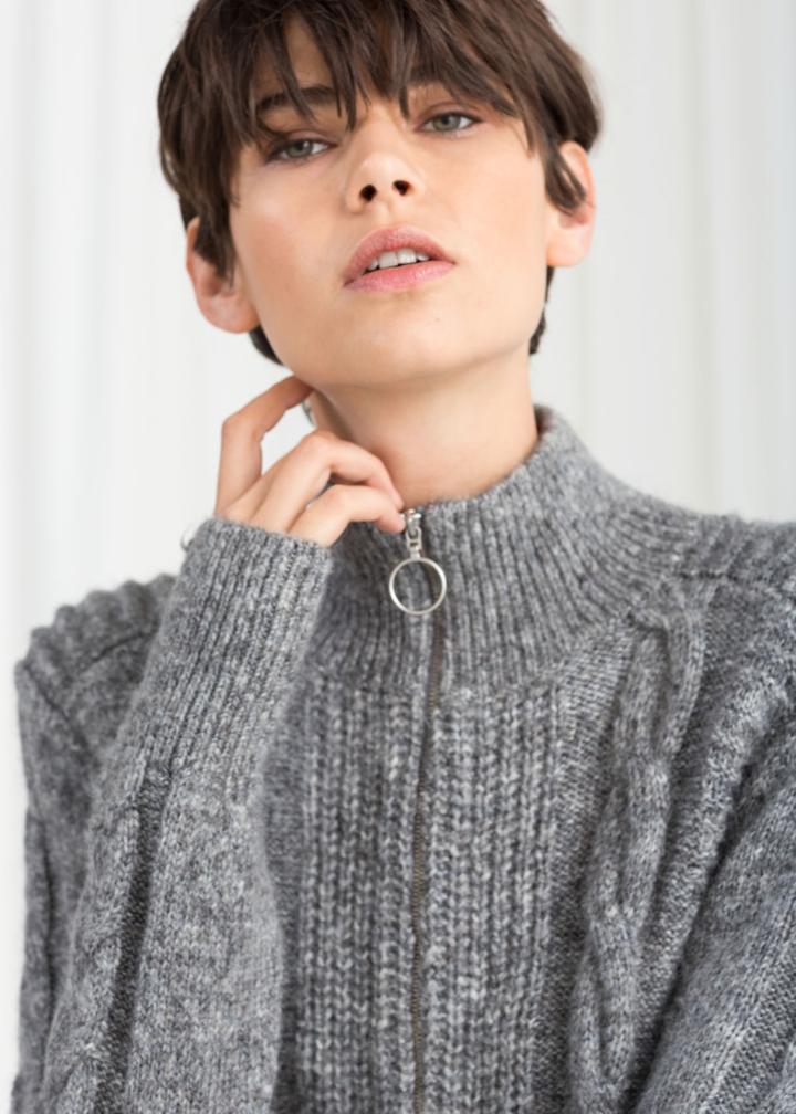 Other Stories Zip Up Cable Knit Cardigan - Grey