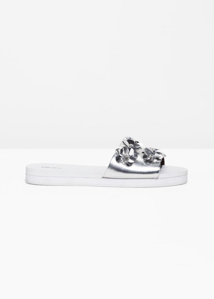 Other Stories Silver Flowers Leather Pool-slide - Silver