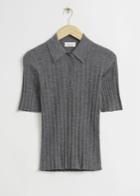 Other Stories Fitted Wool Ribbed Polo Top - Grey