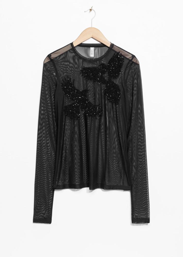 Other Stories Bird Embroidery Mesh Top - Black