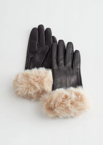 Other Stories Faux Fur Leather Gloves - Black