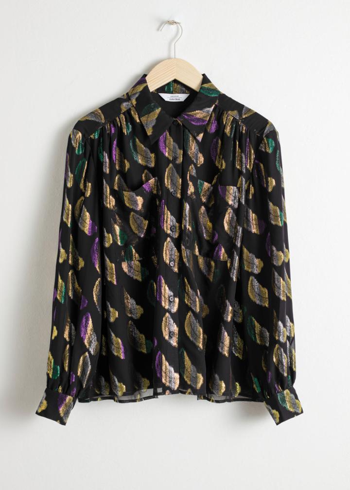 Other Stories Sheer Metallic Button Up Shirt - Black