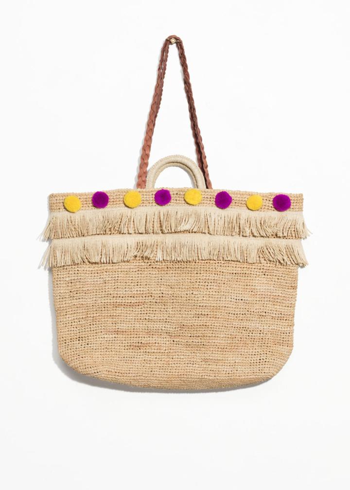 Other Stories Woven Straw Pom Pom Tote - Beige