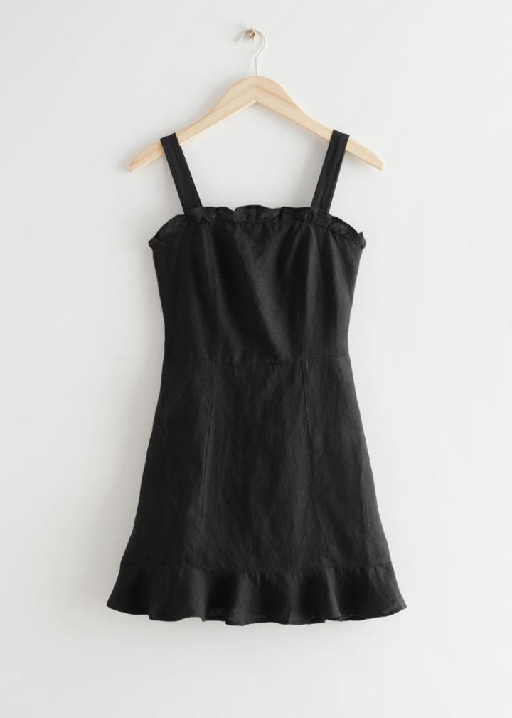 Other Stories Linen Ruffle Mini Dress - Black