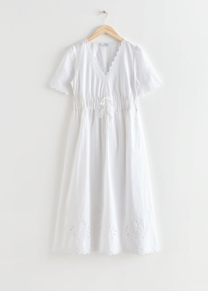 Other Stories Scalloped Embroidered Midi Dress - White