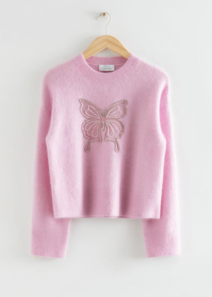 Other Stories Butterfly Cutout Applique Sweater - Pink