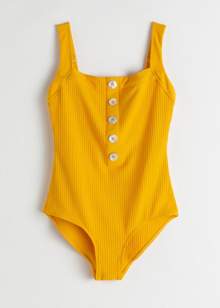Other Stories Ribbed Button Up Swimsuit - Yellow