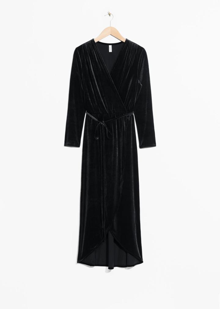 Other Stories Crushed Velvet Wrap Dress - Black