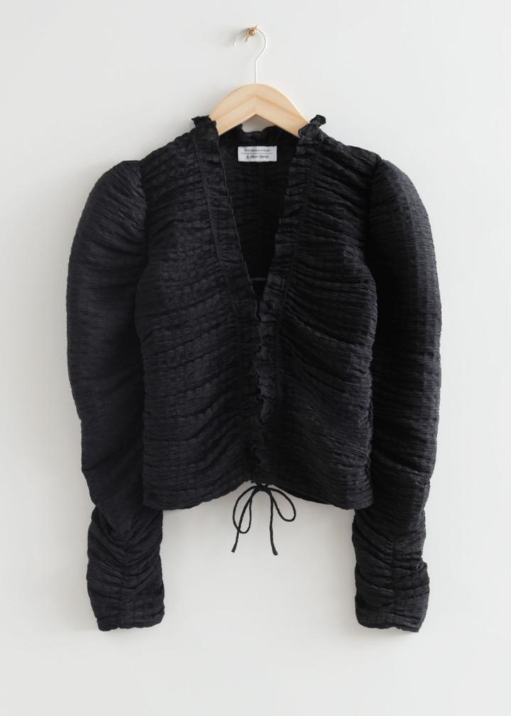 Other Stories Ruched Tie Front Top - Black