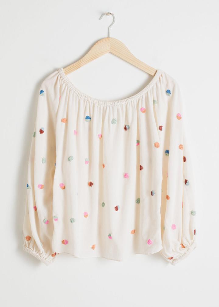 Other Stories Billowy Embroidered Bardot Blouse - White