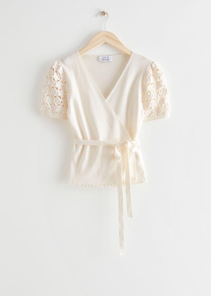 Other Stories Pointelle Knit Wrap Top - White