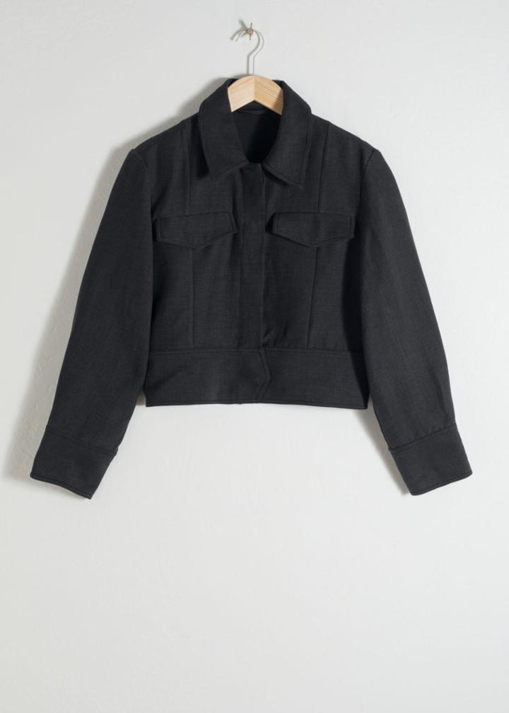 Other Stories Linen Blend Cropped Workwear Jacket - Black