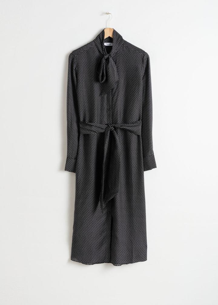 Other Stories Printed Pussy Bow Midi Dress - Black
