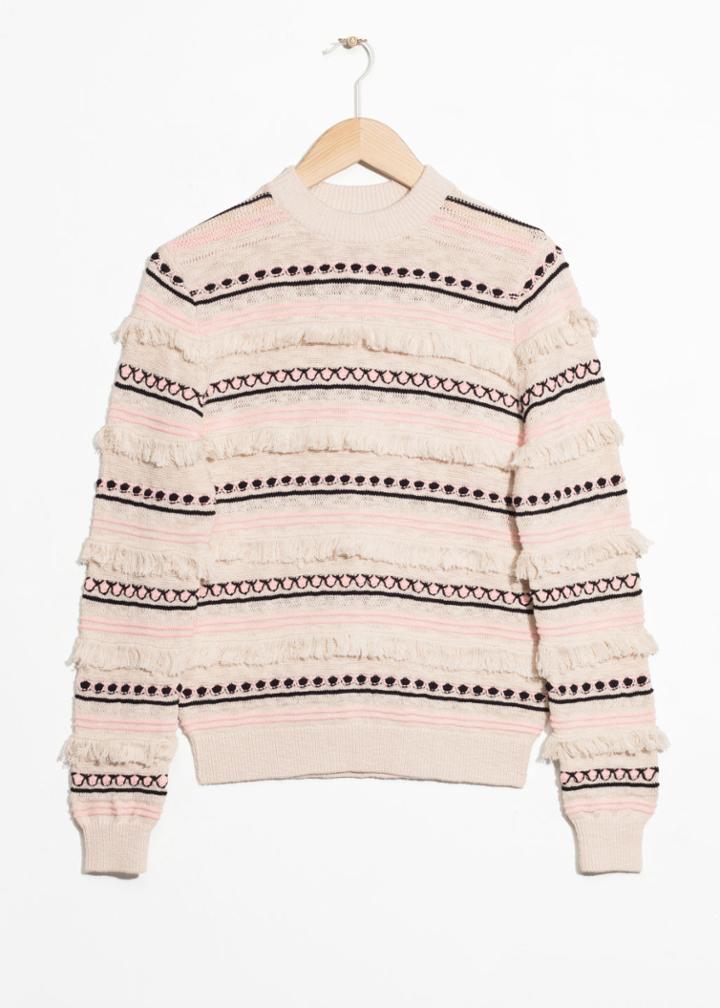 Other Stories Striped Fringe Knit Sweater - White
