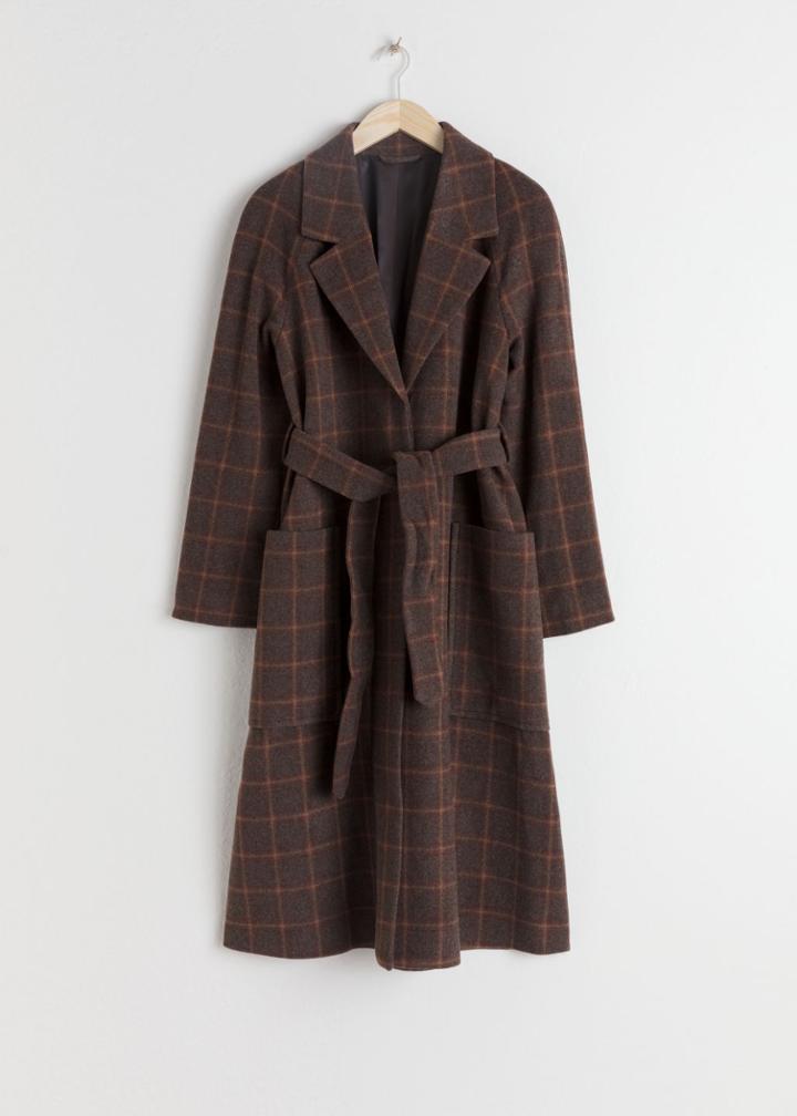 Other Stories Belted Wool Blend Check Coat - Brown