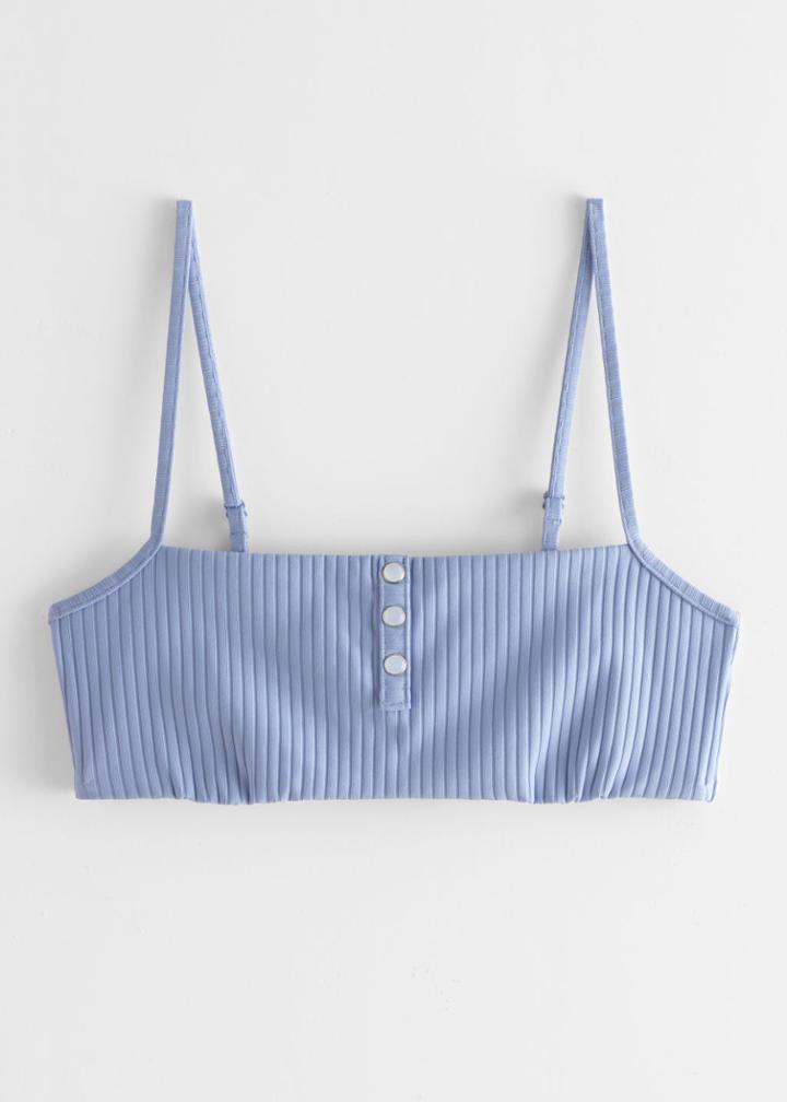 Other Stories Pearl Button Ribbed Bikini Top - Blue