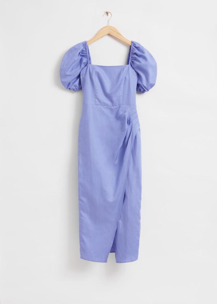 Other Stories Fitted Asymmetric Puff Sleeve Dress - Blue