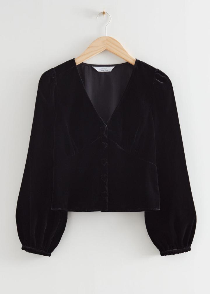 Other Stories Fitted Velvet Puff Sleeve Blouse - Black