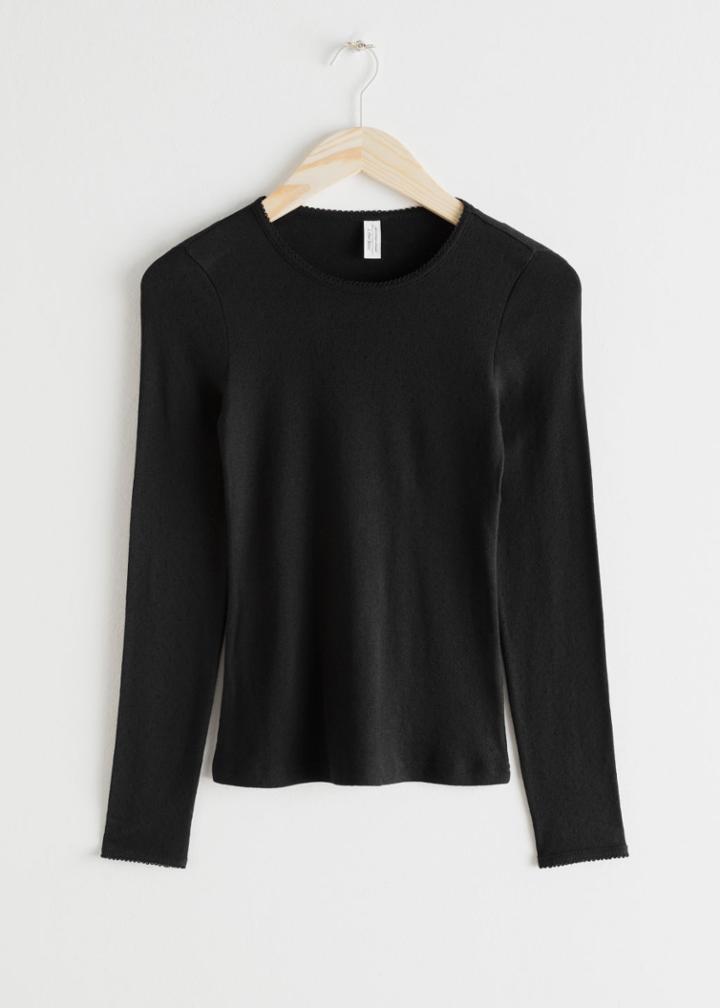 Other Stories Long Sleeve Fitted Eyelet Tee - Black