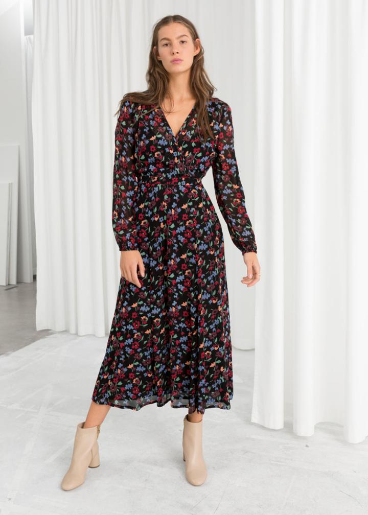 Other Stories Sheer Printed Midi Dress - Black