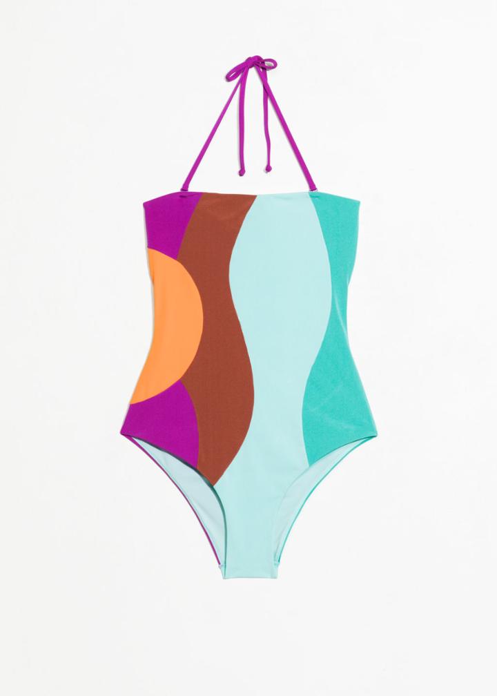 Other Stories Colour Wave Halter Swimsuit - Turquoise