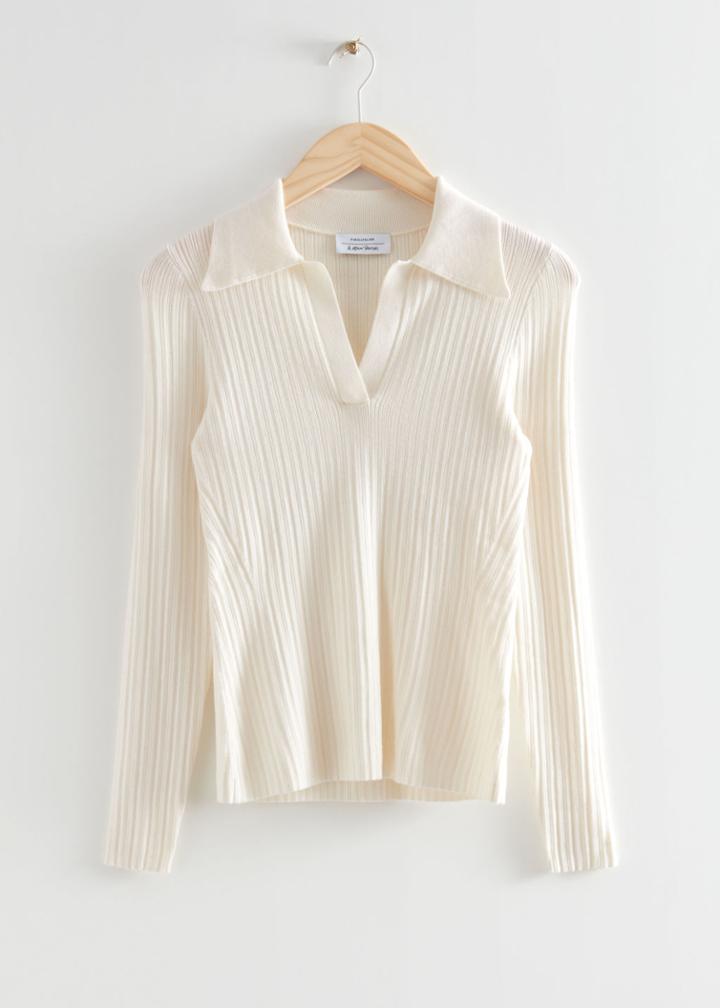 Other Stories Fitted Ribbed Polo Top - White